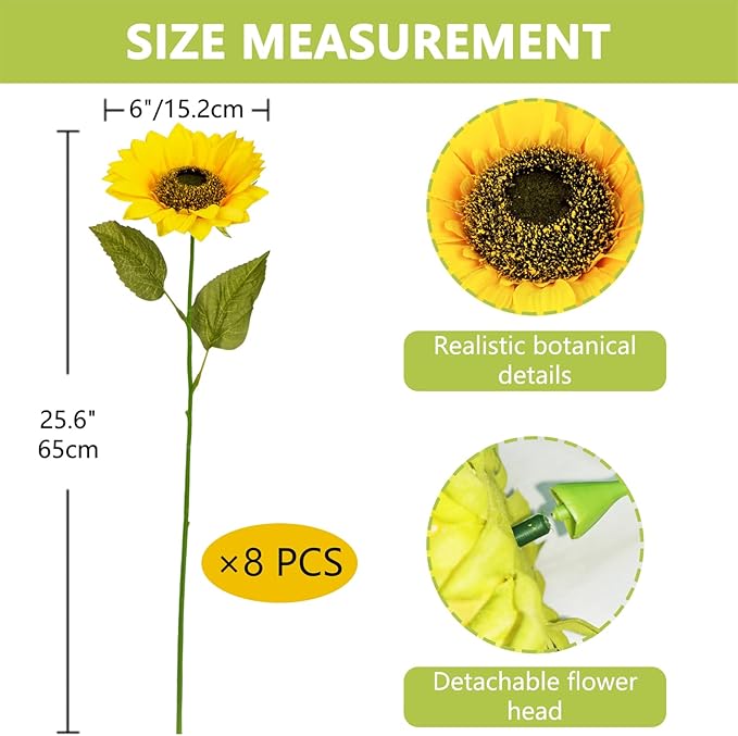 8 Pcs Large Sunflowers Artificial Flowers 6" Full Bloom Long Stem Artificial Sunflower 25.6" Tall Sun Flowers Giant Silk Sunflowers with Stem Fake Sunflower Floral Arrangement for Home Wedding Decor