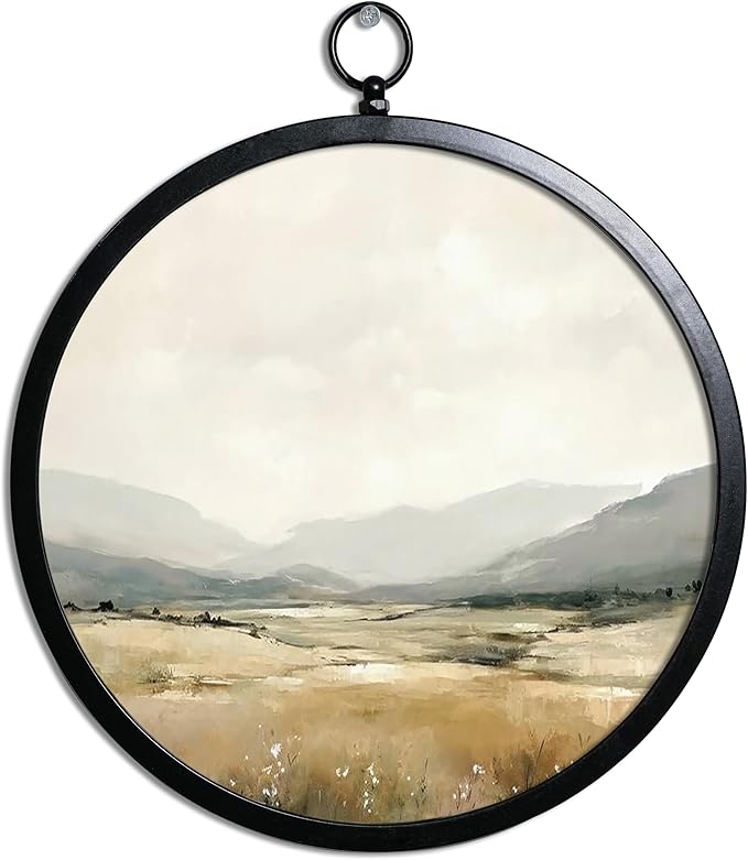 XIAOAIKA Vintage Wall Art with Metal Frame, Round Wood Print Featuring Misty Mountain View, Boho Wall Decor for Living Room, Bedroom, Kitchen, 10 Inch