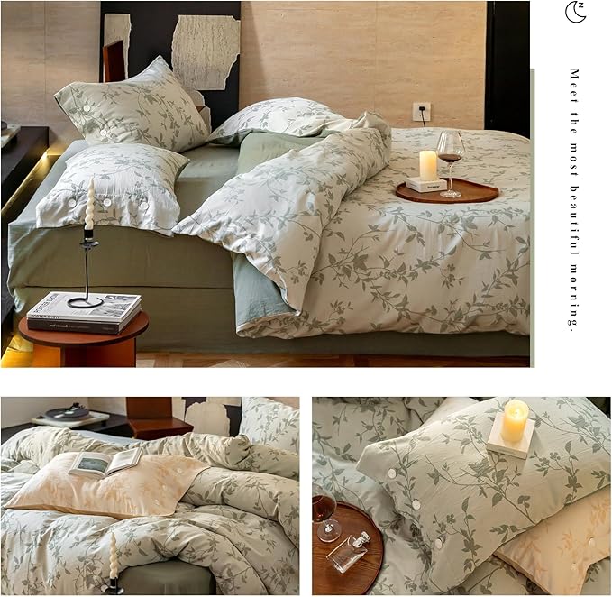 VM VOUGEMARKET Botanical Leaves Duvet Cover Set King Linen Cotton Bedding Set,3D Jacquard Yarn-Dyed Textured Comforter Cover with Button Closure-104 x90,Sage Green