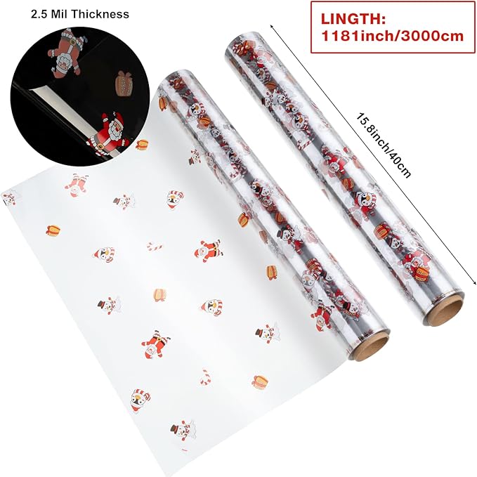 Fainne Total 295 ft 3 Pcs Christmas Cellophane Wrap Roll 15.8 Inch x 98.4 ft, 2.5 Mil Thick Clear Merry Christmas Cellophane for Gift Baskets Flower Food Treats Wrapping Party Decoration