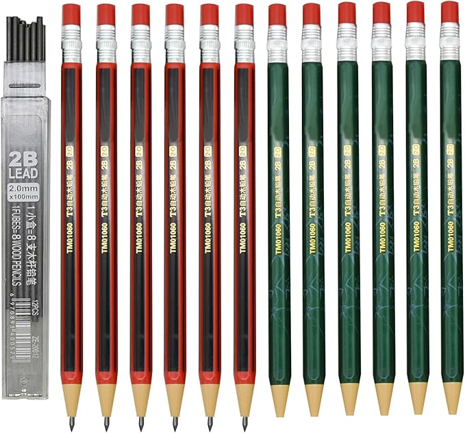Maydahui 12 PCS Mechanical Pencil with Sharpener Novelty Non Sharpening Automatic Pencil with 12 PCS 2B Lead Refills 2.0 mm Classic Red Green Pole Plastic Simulation Timber for School Writing Drawing