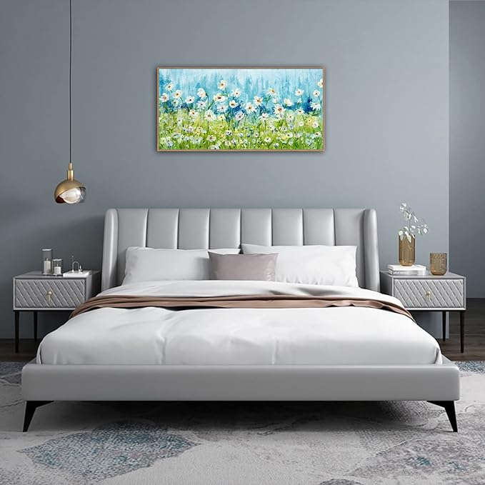 Framed Wall Art Wildflowers Canvas Pictures Living Room Wall Decor Abstract White Daisy Floral Prints Spring Landscape Painting Green Grass Artwork for Bedroom Kitchen Home Office Decor 20"x40"