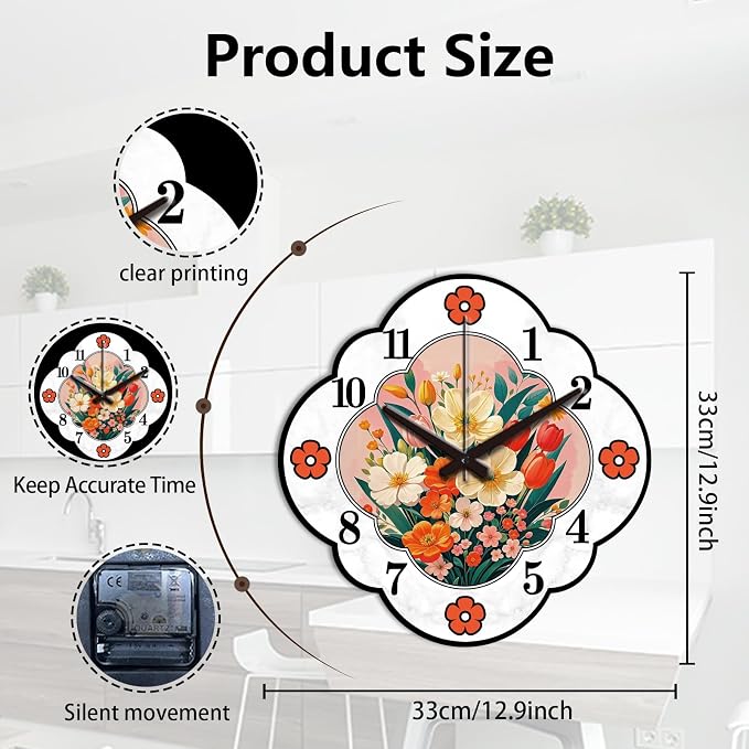 Floral Frame Wall Clock Irregular Shape Decorative Wall Clock Retro Style Flowers Non-Ticking Clock for Home Office Decoration, 12.99×12.99 inch