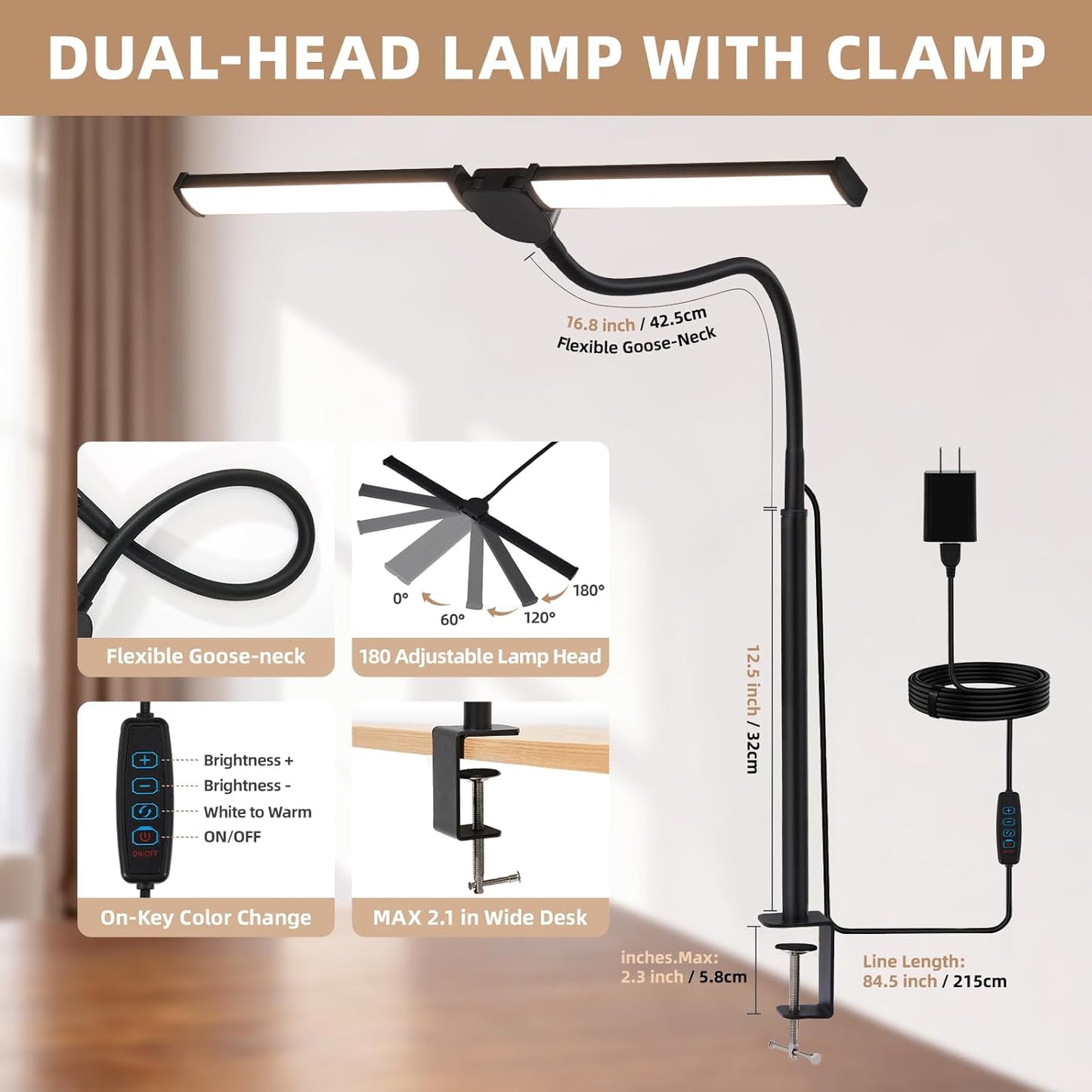 Voncerus LED Desk Lamp - Adjustable Double Head Architect Light with 3 Modes & 10 Brightness Levels | Black