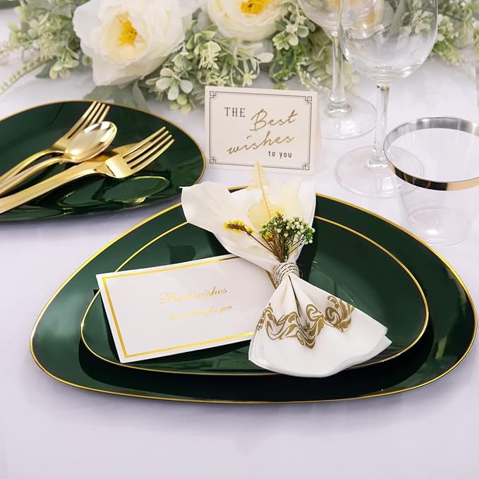DaYammi 180Pcs Green Plastic Plates, Green Gold Disposable Plates with Gold Silverware Dinnerware Set Include: 30 Dinner Plate,30 Dessert Plate,90 Plastic Cutlery,30 Cups for Christmas Party Holiday