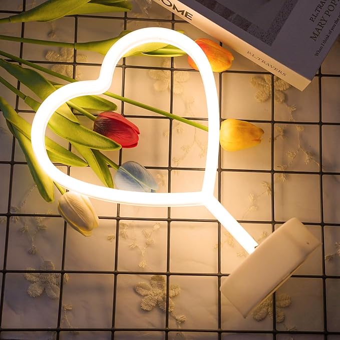 Warm White Heart Neon Sign, Valentines Day Neon Light Battery Operated or USB Powered Valentines Warm White Heart Lights, Table Lamp for Galentines Day Decorations, wedding, Gifts for Women, lover.