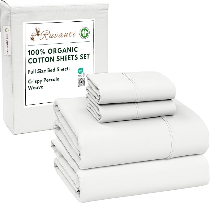 RUVANTI 100% Organic Cotton Sheets Full Size, Percale Weave, GOTS Certified, 4-Piece Set, Deep Pocket 15", Crisp & Breathable, Soft Durable Bedding, Sábanas Algodón Orgánico – Bit of Blue