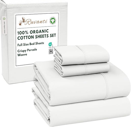 RUVANTI 100% Organic Cotton Sheets Full Size, Percale Weave, GOTS Certified, 4-Piece Set, Deep Pocket 15", Crisp & Breathable, Soft Durable Bedding, Sábanas Algodón Orgánico – Bit of Blue