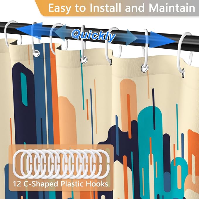 Mid Century Modern Shower Curtain, Retro Abstract Geometric Colorful Art Shower Curtains for Bathroom with Hooks, Waterproof Polyester Fabric Shower Curtain Set, Weighted Hem, 72x72 Inches