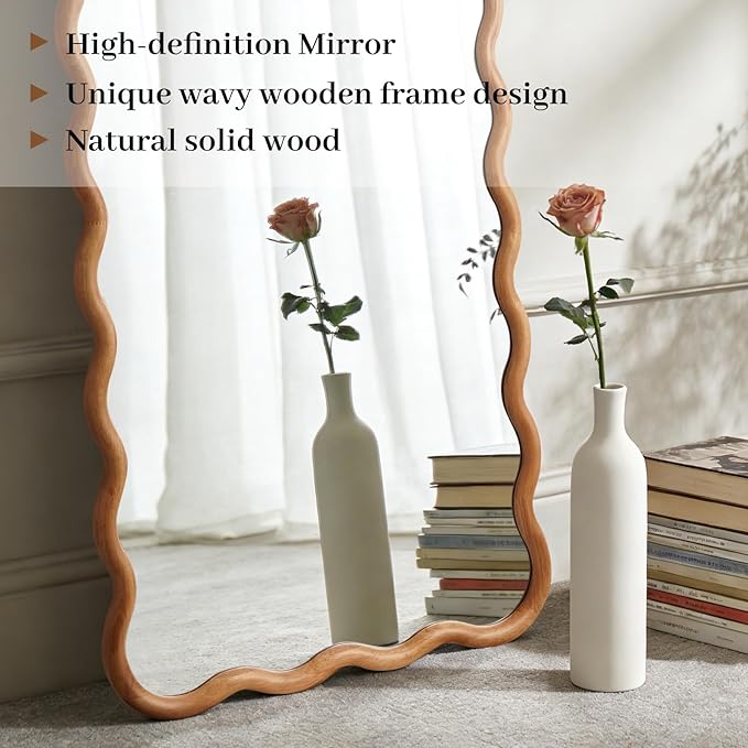 WallBeyond 24"x65" Full Length Mirror with Wood Frame, Natural Wood Wavy Mirror, Decorative Floor or Wall Mounted Mirror for Bedroom, Living Room, Entryway and Dressing Room