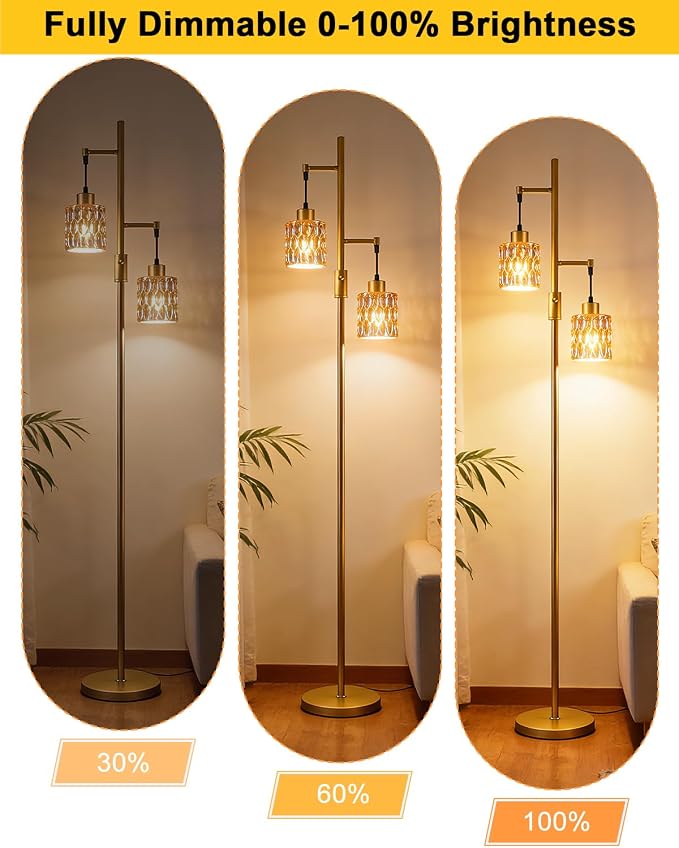 Lightdot 65IN Industrial Gold Floor Lamp for Living Room, 2- Light Amber Glass Floor Lamps with Warm White Bulbs, Modern Farmhouse Tree Standing Tall Lamp with 5Lbs Heavy Base for Bedroom Home Office