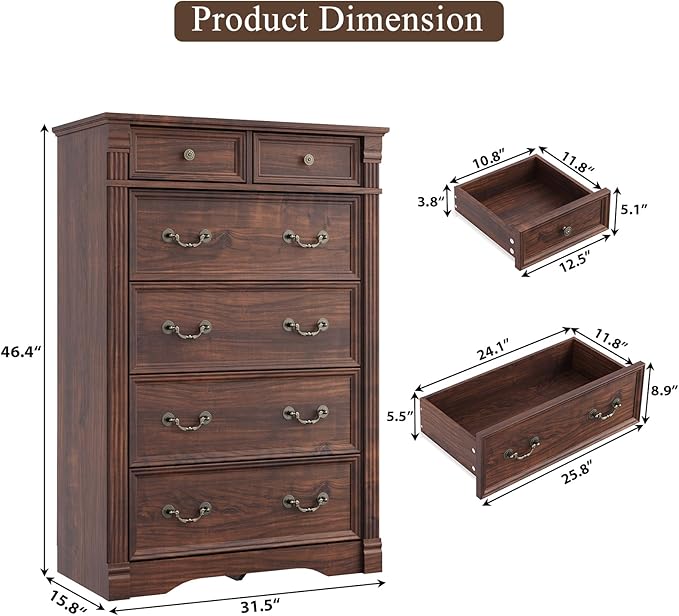 Walnut 6 Drawer Dresser for Bedroom, 47" Tall Dresser, Wood Rustic Chest of Drawers with Chic Wood Pilasters, Dressers Organizer for Bedroom, Hallway, Living Room