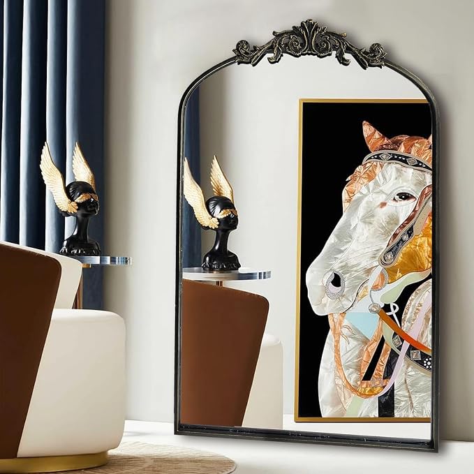 OUSHUAI Black Ornate Mirror for Wall, Traditional Vintage Ornate Baroque Mirrors,Victorian Antique Bronze Full Matel Frame,Arched Mirror for Entryway/Bathroom/Fireplace 24"X36"