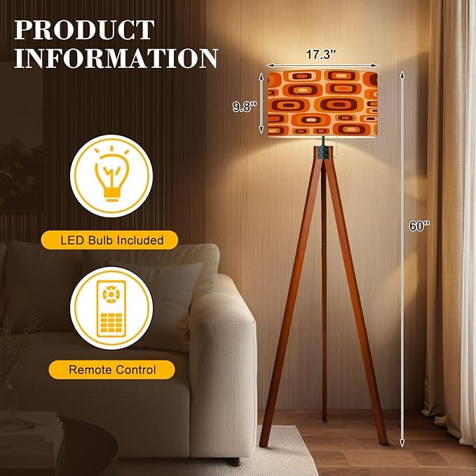 Wood Tripod Floor Lamp 70s Retro Seamless Pattern Orange Brown Yellow Beige 60s 70s Retro Mid Century Standing Lamp Linen Shade Dimmable Modern Tall lamp Home Decor for Living Room Bedroom Office