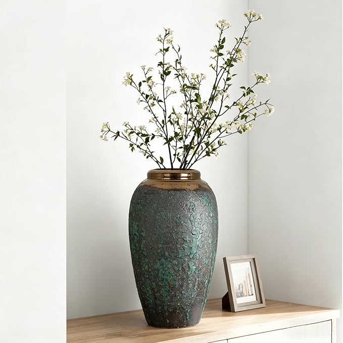 Ceramic Flower Vase, 12" Rustic Farmhouse Flower Vase with Wide Bronze Mouth, Vintage Tall Terracotta Vase for Home, Office, Living Room, Table, Shelf, Mantel Decoration