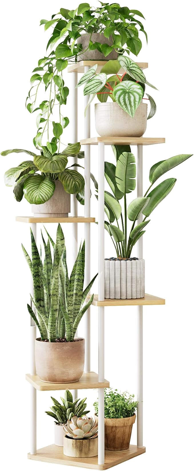 GENTINGBRO Tall Plant Stand Indoor 6 Tiered Plant Shelf for Multiple Plants Coner Shelf Stand Wood Plant Stand Metal Shelving for Living Room Bedroom Balcony Patio White