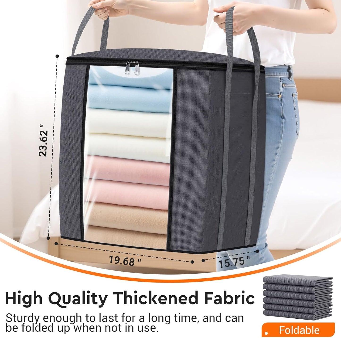 TasticTotes 120L Extra Large Clothes Storage Bags - Foldable Blanket Organizers with Reinforced Handles & Zippers - Gray, 1 Pack