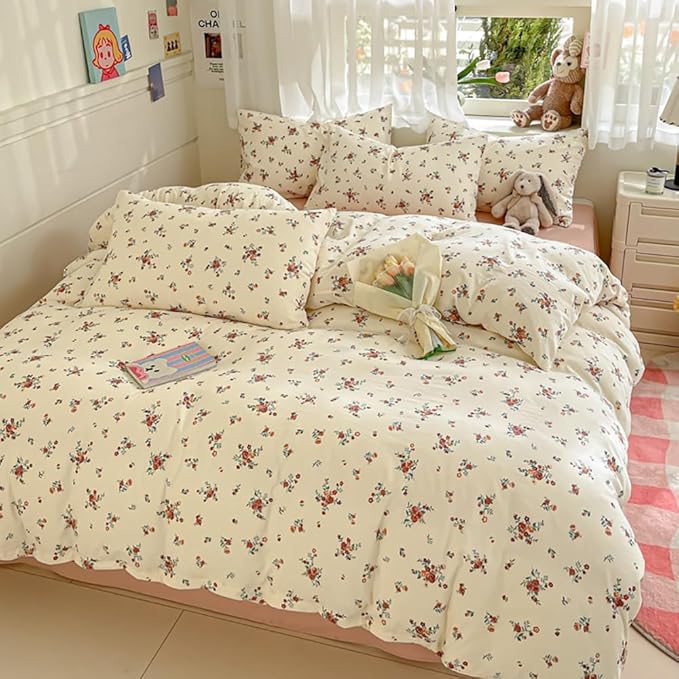 Nayoroom Vintage Floral Duvet Cover Full Size Red Rose Flower Green Botanical Cottagecore Bedding Set 3 Pieces Soft Lightweight Washed Microfiber Spring Duvet Cover Gifts for Women Girls