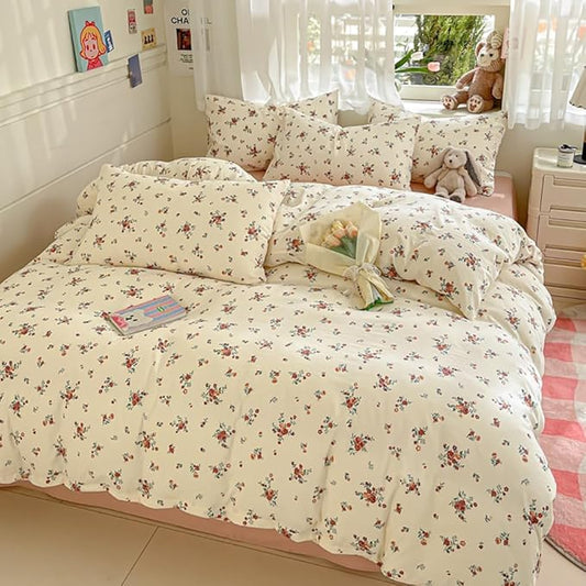 Nayoroom Vintage Floral Duvet Cover Queen Size Red Rose Flower Green Botanical Cottagecore Bedding Set 3 Pieces Soft Lightweight Washed Microfiber Spring Duvet Cover Gifts for Women Girls