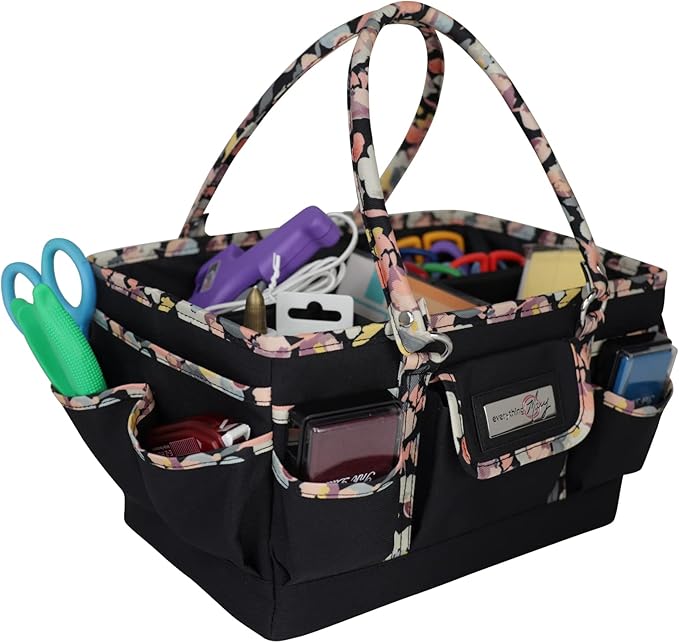 Everything Mary Deluxe Store & Tote Organizer – Black with Floral Trim Craft Caddy – Collapsible Storage Bag for Scrapbooking, Sewing, Art Supplies & DIY Craft Tools