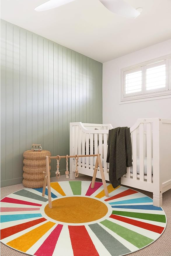 STARUIA Round Boho Rug 6 Ft Washable Round Area Rug for Playroom, Sunshine Circle Rug for Kids Room, Non-Slip Circluar Rainbow Carpet Soft Large Kids Rug for Classroom Dorm Bedroom