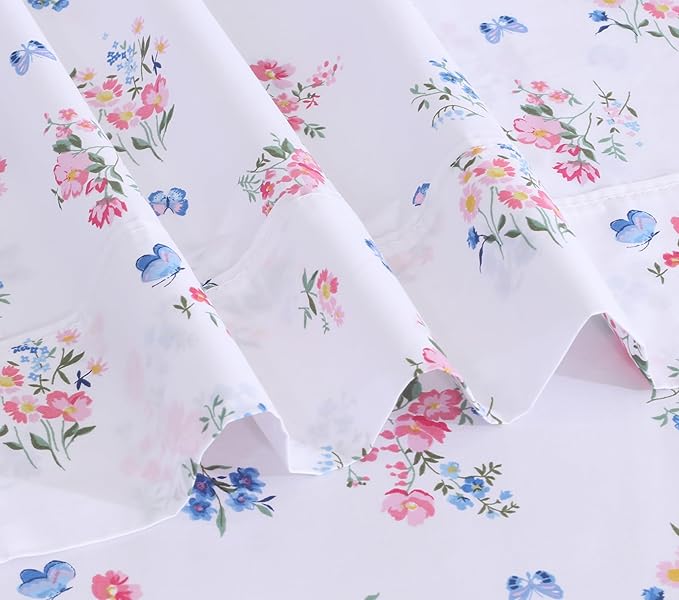 RUVANTI 100% Cotton King Size Sheets Set, 4 Pieces, Soft & Breathable Percale Weave Bedding, Deep Pocket 16", Hotel Standard, Crisp Cool Feel, Durable, Perfect Floral Bed Sheet, Funa Flora