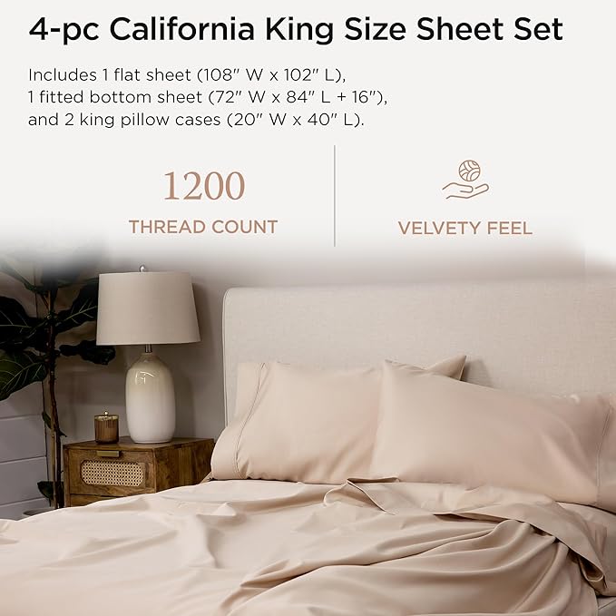 Threadmill Supima Cotton Sheets, 1200 Thread Count Soft 100% Cotton Sheets for Cal King Size Bed, 4 Pc Beige Cal King Bed Sheets Set, 5-Star Hotel Quality with Elasticized Deep Pocket King Sheet