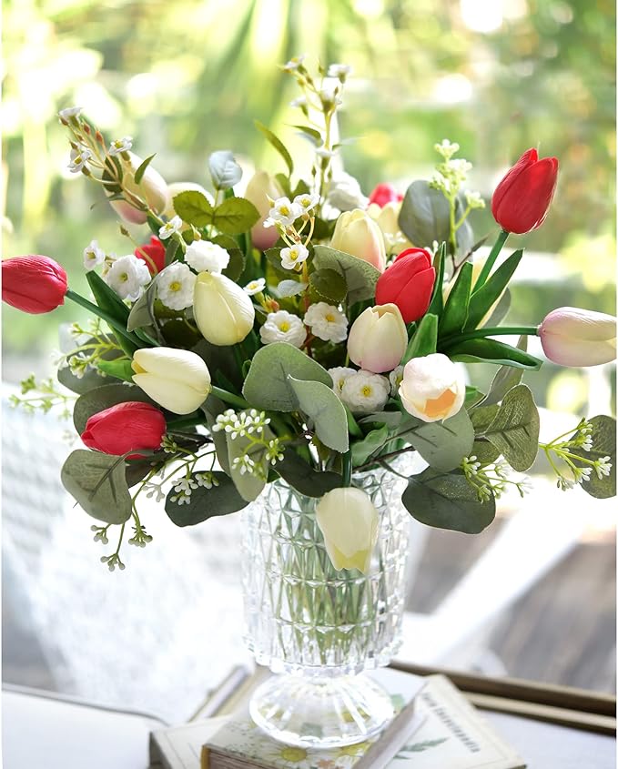 FiveSeasonStuff Real Touch Tulips Artificial Flowers – 15 Stems Faux Tulip Bouquet in Gift Box for Wedding, Home Decor, Party, Floral Arrangements (Charming Lady)