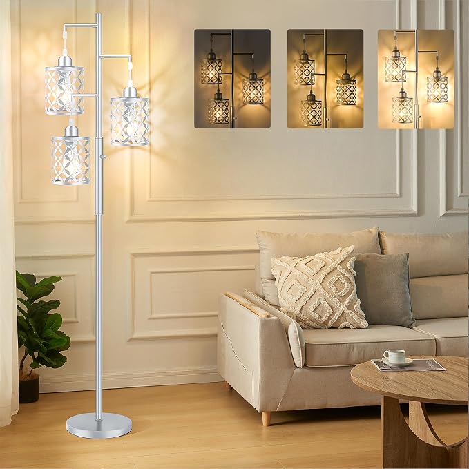 Dimmable Floor Lamp, Farmhouse Standing Lamp with Elegant Metal Cages, Industrial Tall Tree Floor Lamps for Living Room, Bedroom, Study Room, Office, 2000LM LED Bulbs Included -68", Silver