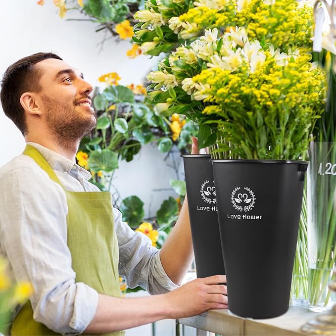 19.68" Tall Large Plastic Floral Bucket, 4 Pack French Flower Bucket with Cutout Handles, Black
