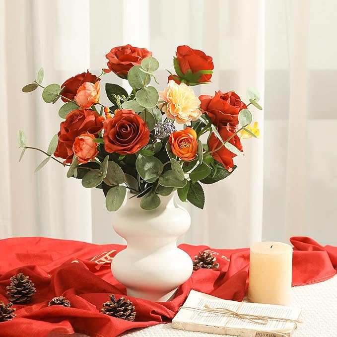 Veryhome 10pcs Artificial Rose Flower Bouquet Faux Rose with Stems for Wedding Arrangement, Bridal Bouquet, Centerpiece, Fake Faux Silk Flowers (Burnt Orange)