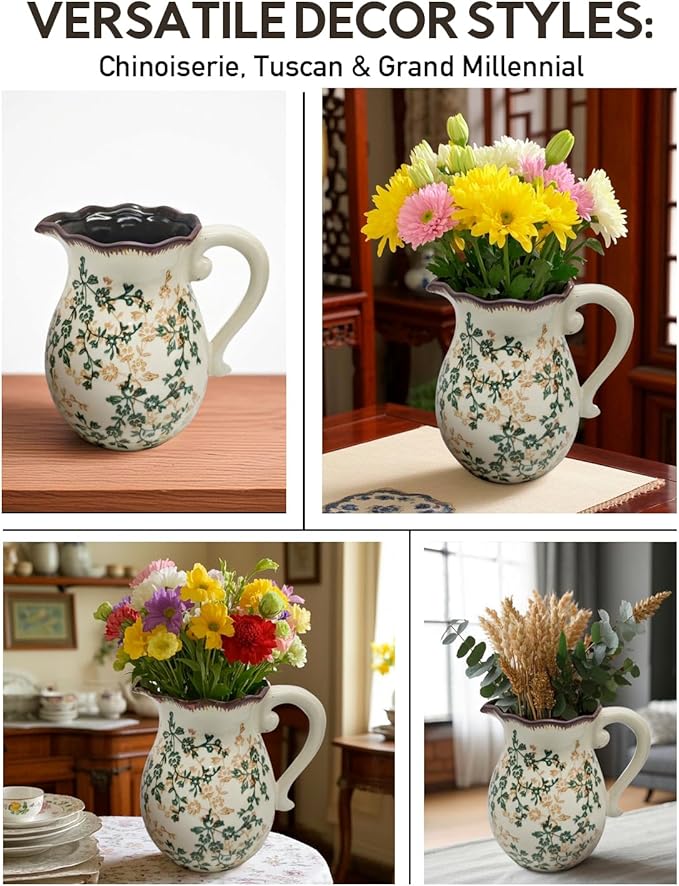 Vintage Ceramic Flower Pitcher Vase Home Decor - Tabletop Rustic Large Vase for Decor Living Room Bookshelf Office Kitchen Cottage, White Vases for Bouquet, with Handle | Grand Millennial | 8.3inch