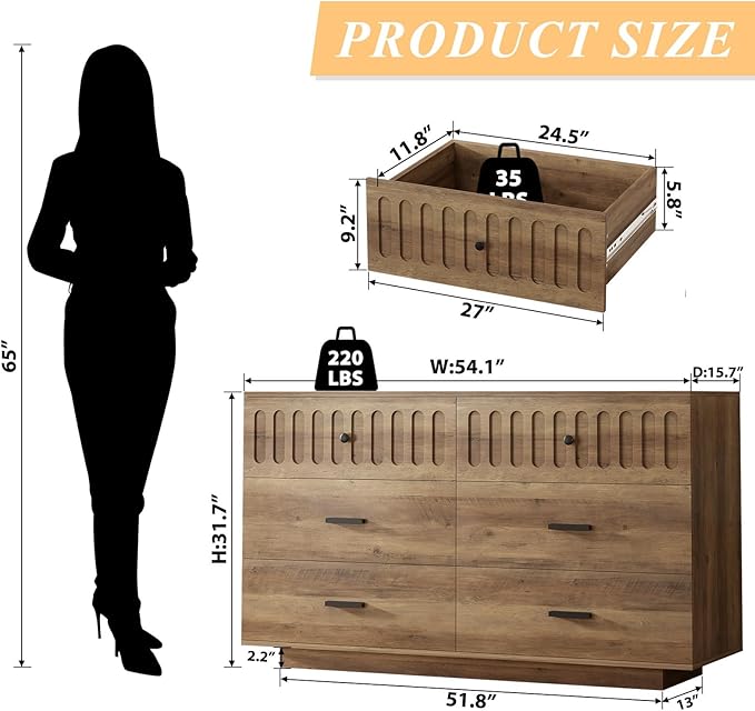 IBF Farmhouse Dresser for Bedroom Modern 6 Drawer Dresser Fluted Chest of Drawers Large Wood Closet Dressers with Anti-Tipping Design for Bedroom, Living Room, Hallway, Entryway, Nursery, Rustic Oak