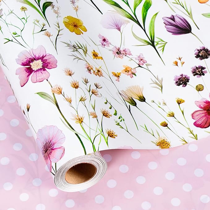 Burymento Flowers Wrapping Paper, Reversible Wave Point Gift Wrap for Birthday, Valentines, Mothers day, Graduation, Wedding, Fathers day, Baby Shower, Christmas (17in x 16.4ft)