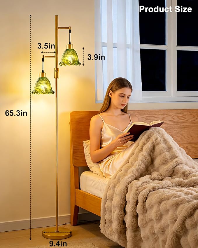 Lightdot 2- Light Gold Flower Floor Lamp for Living Room, 65IN Dimmable Floor Lamps with Green Glass Shade& Warm White Bulbs, Modern Standing Tall Lamp with 5Lbs Heavy Base for Bedroom Home Office