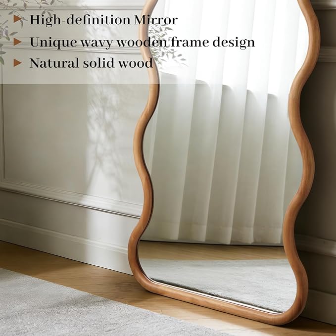 WallBeyond 24"x65" Full Length Wood Arched Mirror, Natural Wood Boho Accent Mirror with Wavy Design, Decorative Floor or Wall Mounted for Bedroom
