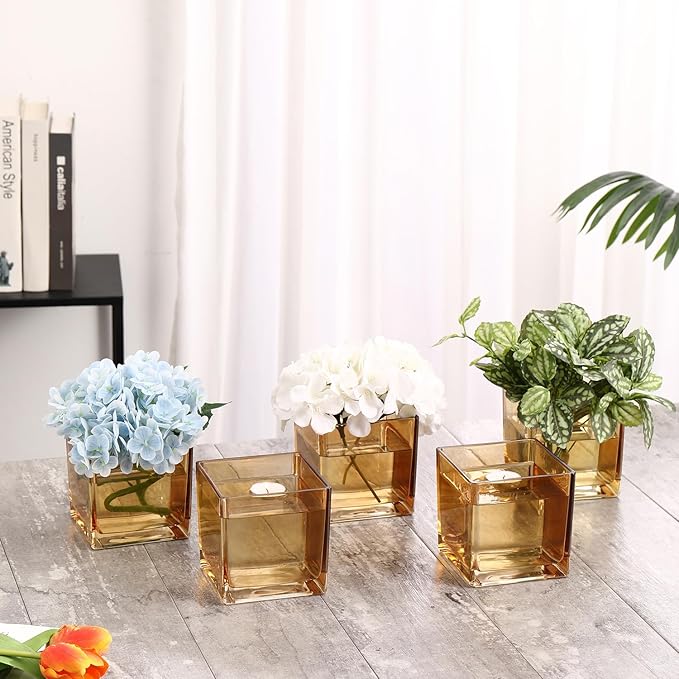 MARTAGE Square Amber Glass Vases Set of 6, 5" x 5" x 5" Flower Vases for Centerpieces, Square Vase for Centerpieces, Small Vase for Wedding, Party, Home Office Decoration