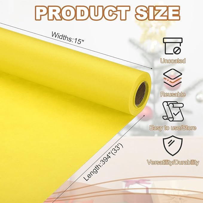 PATIKIL Wrapping Paper, 15" x 394"(33') 70 GSM Craft Paper Roll Kraft Packing Paper for Poster Bulletin Board, Gift Wrapping, Yellow