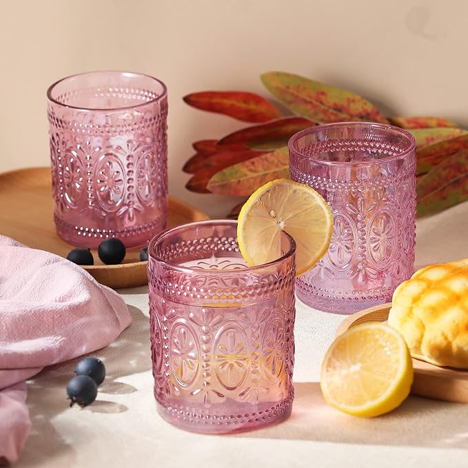 Darlion 6 Pack Pink Vintage Glassware Set, 10oz Romantic Drinking Glasses, Colored Water Glasses, Pink Embossed Glass Cups for Juice, Cocktails, Beer, Iced Tea, Soda