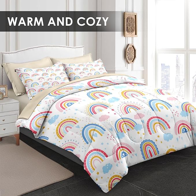 Comforter Set Twin Size, Rainbow Sunshine Star 5 Pcs Bedding for Kids and Adults, Dream Pink Cute Bed Sheet Sets with Fitted Sheet Pillowcase & Sham for Bedroom Bed Decor