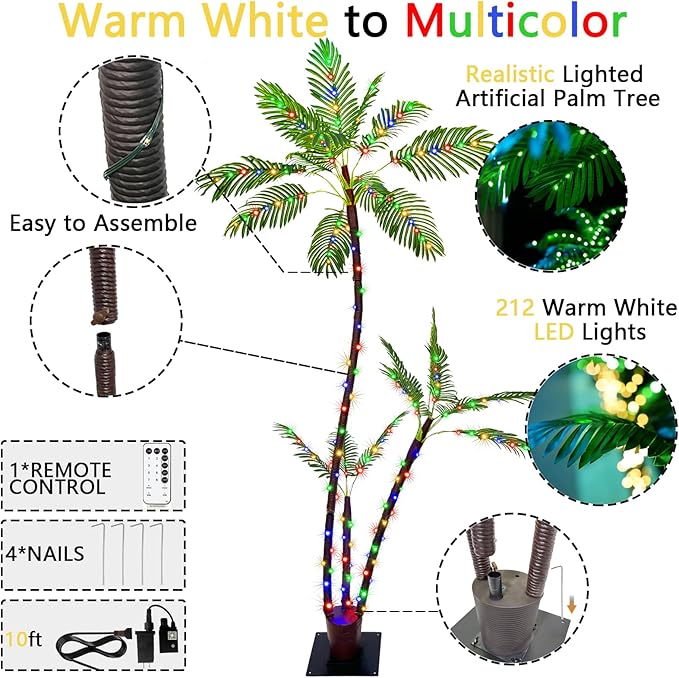 6FT Lighted Artificial Palm Tree with Three Trunks and 212 LED Lights with Remote Control and App Waterproof for Tiki Bars, Patios,Beaches,Yards Pool, Cruise Party-Warm White to Multicolor
