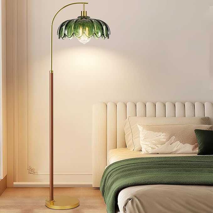 Wood Floor Lamps for Living Room,Gold Floor Lamp with Remote Control & Glass Lampshade,Arc Flower Lamp Dimmable Mid Century Modern Standing Lamp Vintage Farmhouse Tall Floor Lamp For Bedroom Corner