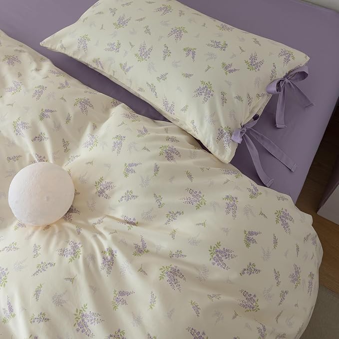 HighBuy Botanical Floral Duvet Cover Queen Boho Duvet Cover Set Soft Cotton Coquette Bedding White Duvet Cover Comforter Cover Vintage,Soft Cotton Queen Bedding Set with 2 Bowknot Bow Tie Pillowcases