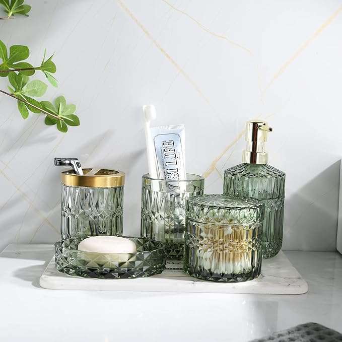 LaMarriti Green Bathroom Accessories Set, 6 Pcs Clear Glass Bathroom Set, Soap Dispenser, Soap Dish, Toothbrush Holder, Tumbler, Q-Tips Holder for Vintage Crystal Bathroom Decor, Gift Set