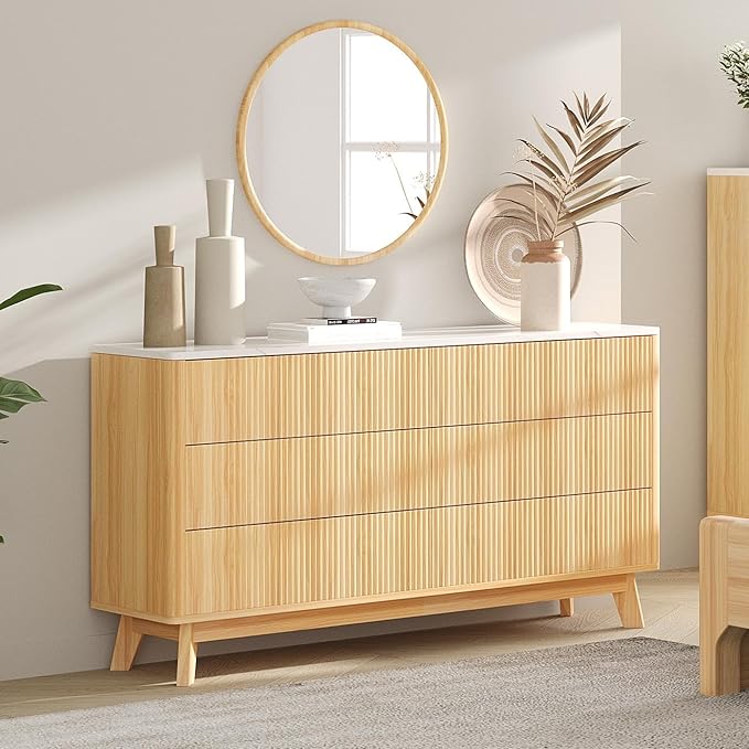 Fluted 6 Drawers Dresser for Bedroom,52" Wide Handleless Chest of Drawers with Faux Marble Top, Wooden Dresser TV Stand, Wood Drawer Organizer for Living Room, Hallway, Natural Oak