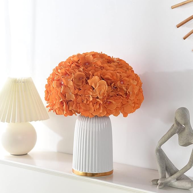 Silk Hydrangea Heads with Stems Artificial Flowers Heads for Home Wedding Decor,Pack of 10 (Orange)