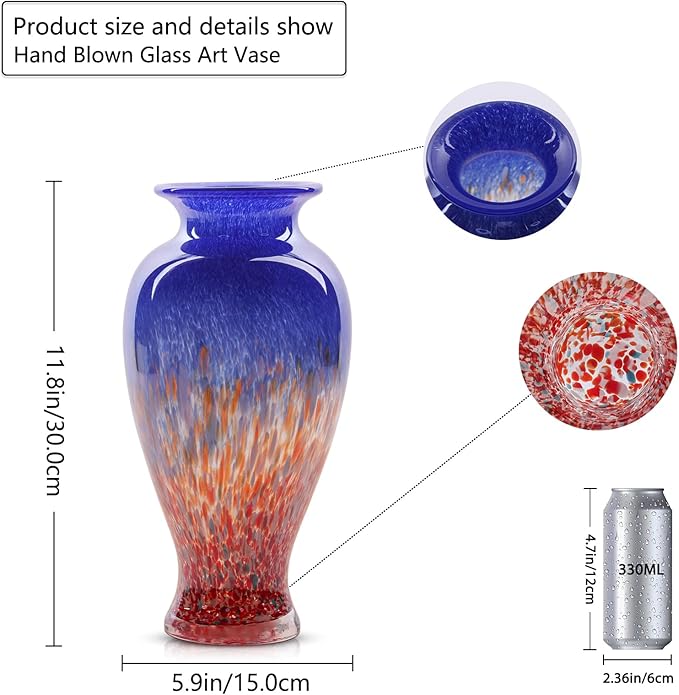 11.8" Tall Blue Glass Vase Beautiful Hand Blown Glass Vase Modern Art Home Decor, Wide Mouth Colorful Vases for Mantle Dining Table Centerpiece, Entryway Living Room Wedding Decoration