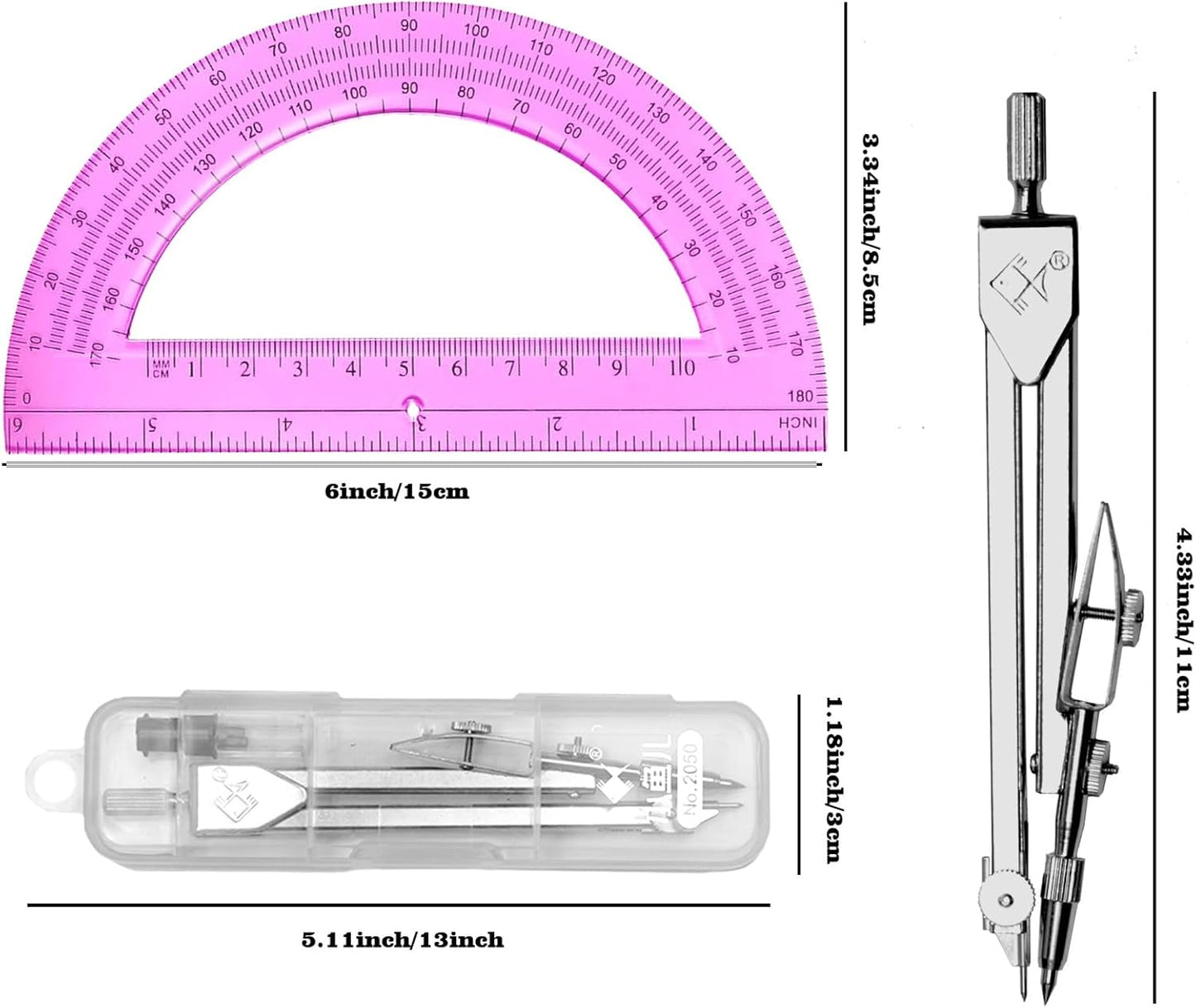 Students Geometry Math Set - Drawing Compass & 6-Inch Transparent Protractor (Pink)