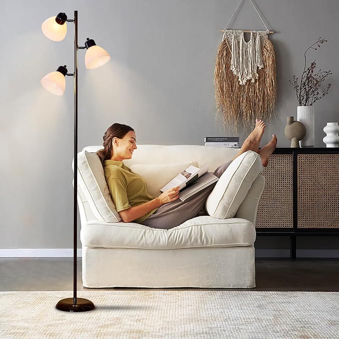 Modern Tree Floor Lamp for Living Room Bedroom, Tall Pole Standing Lamps with 3 Adjustable Rotating Heads for Office, Decor Corner, Reading Indoor, 3 Bright Lights LED Bulbs Included (Black)