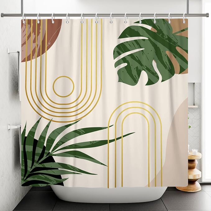 Boho Sage Green Shower Curtain Bohemian Mid Century Geometric Abstract Curve Bathroom Curtain Palm Leaf Polyester Shower Curtain Sets for Bathroom Extra Long 72x96 in with 12 Hooks